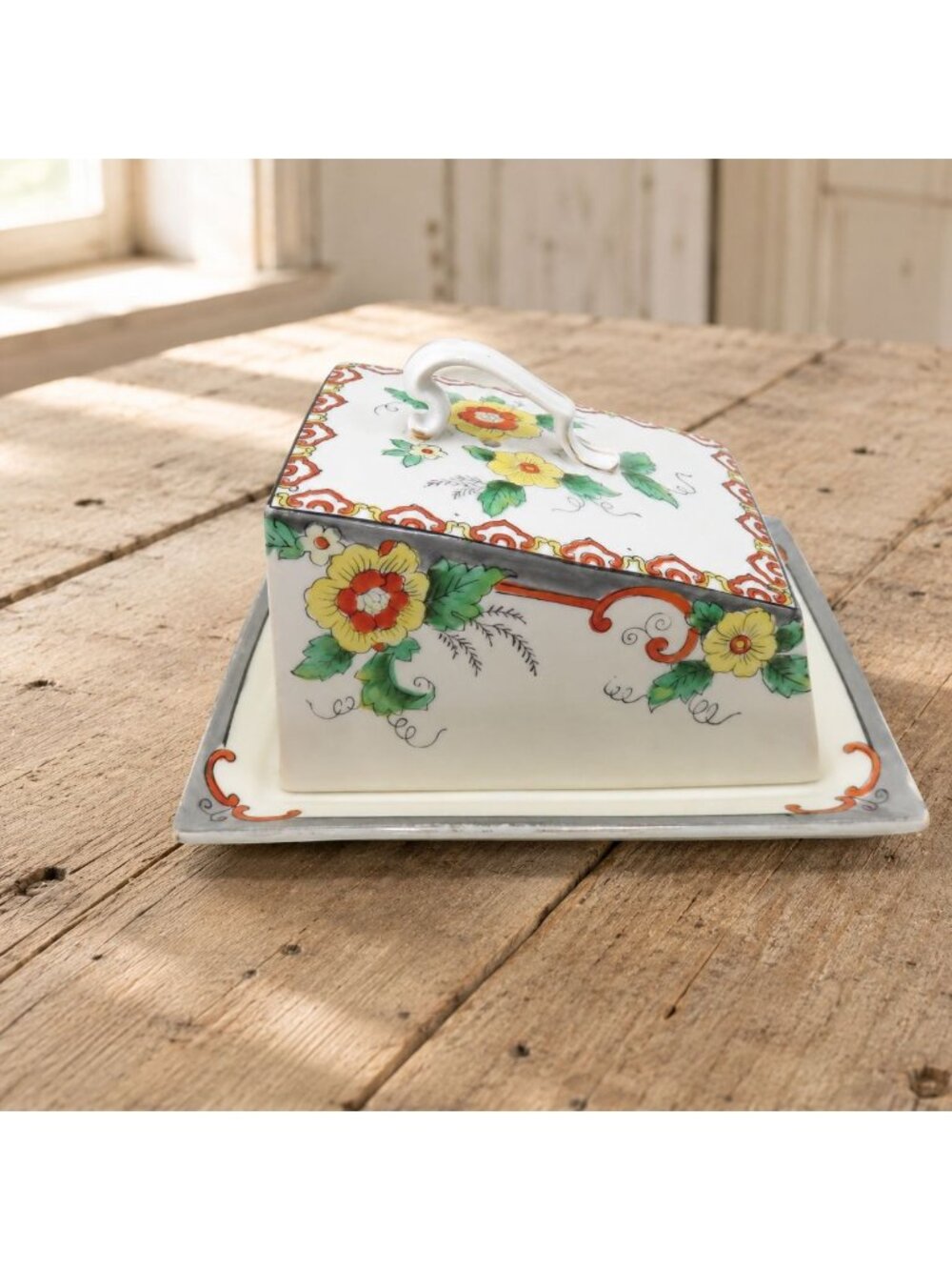Vintage Noritake Covered Cheese Keeper Butter Dish Red M Wreath Japan 6.2"